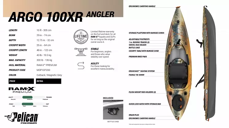 Одноместный каяк для рыбалки Pelican Argo 100XR Angler - фото 3