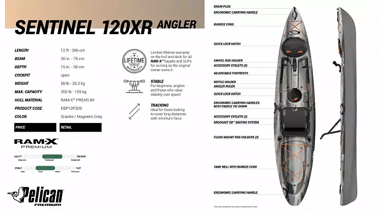 Каяк для рыбалки с удобным каркасным сиденьем Pelican Sentinel 120XR Angler - фото 3