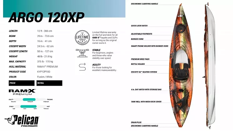 Рекреационный каяк для рыбалки и путешествий Pelican Argo 120XP - фото 3